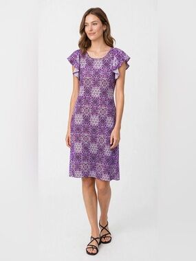 LOFT Pink & White Tile-Print Ruffle-Sleeve Midi Dress